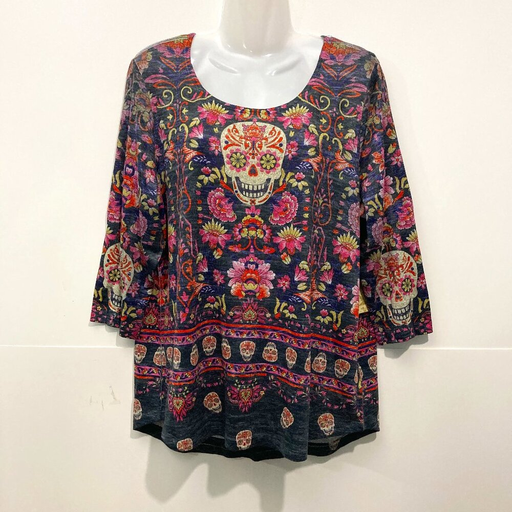 NWT Energe World Wear Knit Top 3/4 sleeve Skull floral print Multicolor XL
